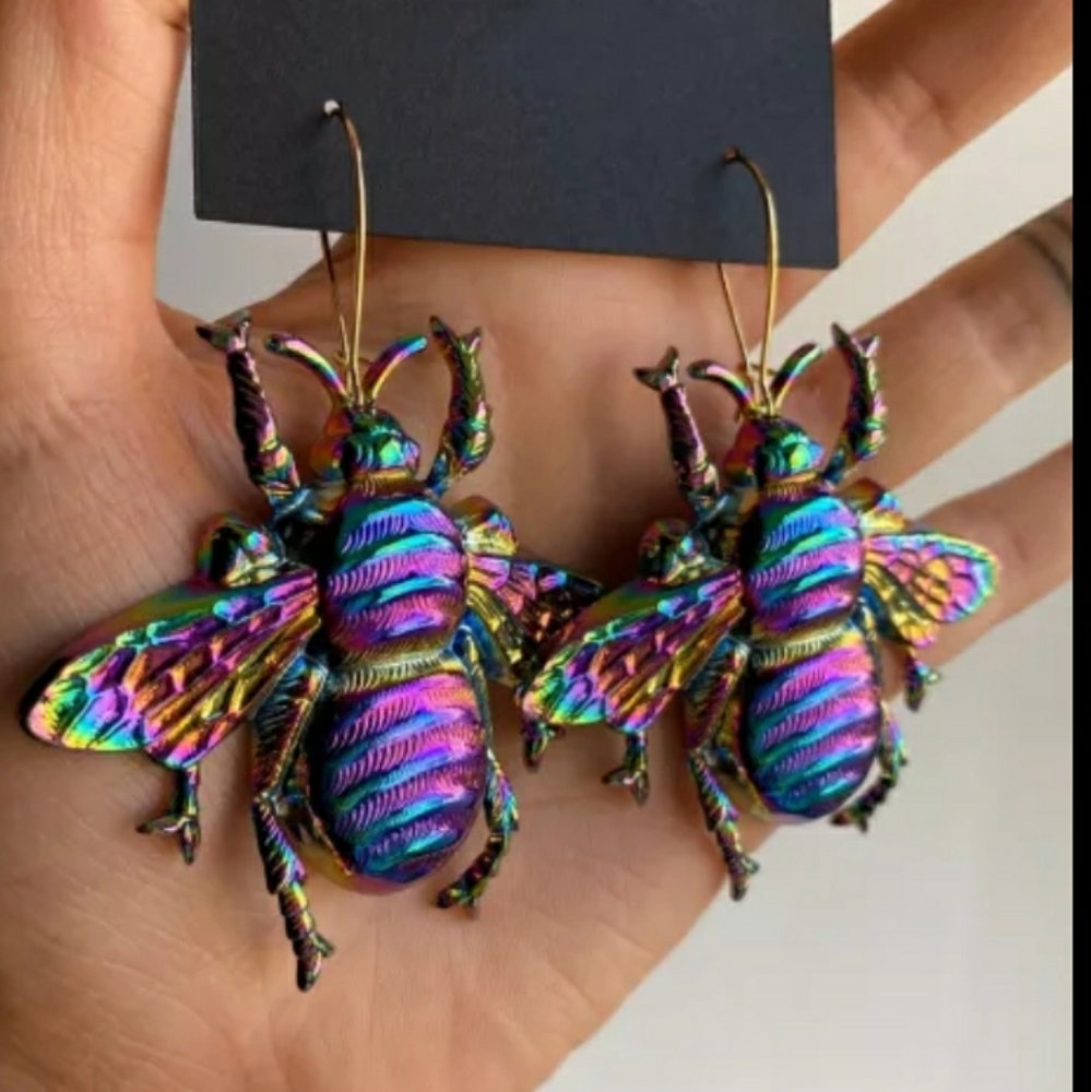 Earrings Bees Multicolor Psychedelic Rainbow. - Picture 3 of 6